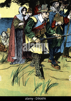 Pilgerväter voran in Amerika nach der Kreuzung von Europa in der "Mayflower" im Jahre 1620. Farbe gedruckt Lithographie 1900 Stockfoto