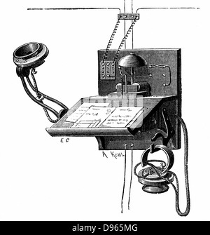 Telefon Apparate nach New York Abonnenten zur Verfügung. Dies wird verwendet, um ein Edison Sender und einem "pony Krone' Empfänger (unten rechts im Bild. Holzstich c 1891. Stockfoto