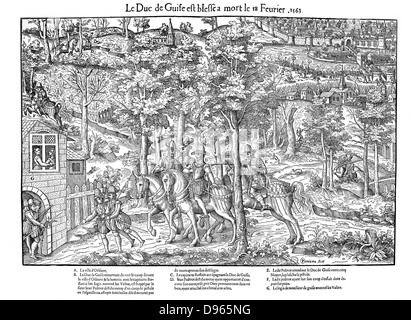 Französische Religionskriege 1562-1598. Francois de Lorraine, duc de Guise (1519-1563) tödlich durch Reformierte, Poltrot de Merey, 18. Februar 1563 verwundet. Kupferstich von Jacques Tortorel (fl 1568-1590) und Jean-Jacques Perrissin (c 1536-1617) von ihrer Serie über die Hugenotten Kriege, c1570. Stockfoto