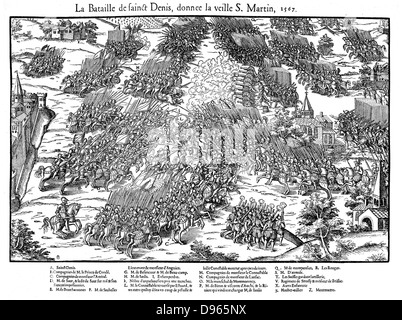 Französische Religionskriege 1562-1598 Schlacht von St Denis, 10. November 1567, zwischen der Hugenotten unter Louis, Prince de Conde (1530-1569) und die königliche Armee unter Anne de Montmorency (1493-1567), der in der Schlacht tödlich verwundet wurde. Hugenotten besiegt. Kupferstich von Jacques Tortorel (fl 1568-1590) und Jean-Jacques Perrissin (c 1536-1617) von ihrer Serie über die Hugenotten Kriege, c1570. Stockfoto