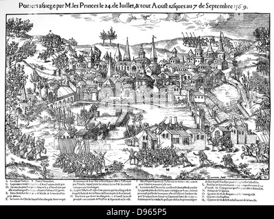 Französische Religionskriege 1562-1598. Belagerung von Poitiers 24. Juli - 7. September 1569. Hugenotten unter Gaspard de Coligny (1519-1572) belagerte die Stadt, aber die Verteidiger sie mit Hilfe der schwere Artillerie und eine kleine Truppe der Reiterei zusammengehalten und durch Überschwemmungen Lake. Kupferstich von Jacques Tortorel fl 1568-1590) und Jean-Jacques Perrissin (1536-1617) von ihrer Serie über die Hugenotten Wars c 1570. Stockfoto