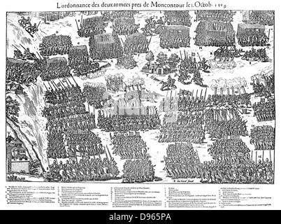 Französische Religionskriege 1562-1598. Schlacht von Montcontour vom 3. Oktober 1569. Hugenotten unter Gaspard Coligny (1519-1572) nahm schweren Verlusten bei der Niederlage, die von den Katholiken unter Henry, Duc d'Anjou (1551-1580), Heinrich III. von Frankreich von 1574. Kupferstich von Jacques Tortorel (fl 1568-1590) und Jean-Jacques Perrissin (1536-1617) von ihrer Serie über die Hugenotten Kriege, c1570. Stockfoto
