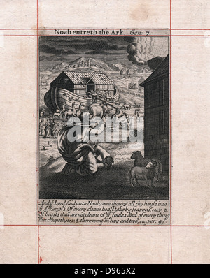 Die Arche Noah - die Tiere, die in jeweils zwei. Gott Speichern der gewählten von der Flut als Strafe für die Massen gesendet. "Bibel" Genesis 7. Einige Klimaforscher schlagen vor der Flut auf die Legende beruht, die durch die globale Erwärmung verursacht wurde. Kupferstich von 1716. Stockfoto