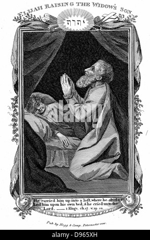 Elijah Erhöhung der Sohn der Witwe. "Bibel" 1 Könige 17.19, 20. Kupferstich-Gravur-c1808 Stockfoto
