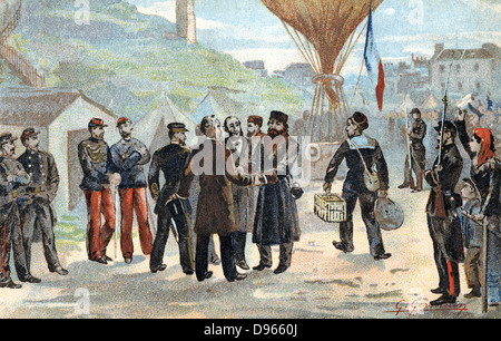 Deutsch-französischen Krieg 1870-1871: Leon Gambetta (1838-1882), französischer Republikanischer Politiker (in Hut, Mitte) über nach Paris für Touren durch Ballon belagerten entkommen, 7. Oktober 1870. Diktator von Frankreich für 5 Monate. Chromolithograph veröffentlicht Paris 1890. Stockfoto