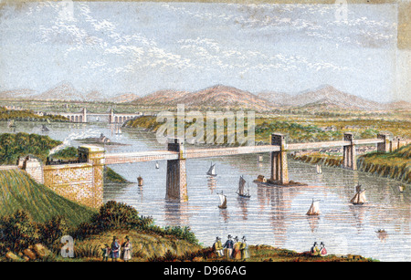 Britannia Tubular Brücke über Menai Straits, Wales: Chester und Holyhead Eisenbahn. Begonnen 1846, 18. März 1850 geöffnet. Ingenieur: Robert Stephenson. Kastenträger Brücke. Von einem Baxter needlebox Drucken. Oleograph. Stockfoto