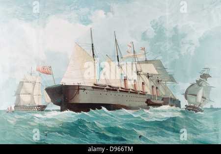 SS Great Eastern", große Dampf schiff Isambard Kingdom Brunel's, von John Scott Russell's Yard auf der Themse im Jahr 1858 ins Leben gerufen. Chromolithograph veröffentlicht London etwa zur Zeit ihrer Einführung. Stockfoto