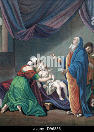 Elijah, Prophet des alten Testaments, Erhöhung der Sohn der Witwe von Scheintod. "Bibel" 1 Könige 17. Farbige Lithographie c1860 Stockfoto