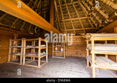 Innenraum eines Lagerraums aus der Zeit der Yagoi im Yoshinogari Park in Japan. Steinzeit strohgedeckte Dachkonstruktion mit Holzseiten und Boden. Stockfoto