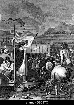 Boudicca (boadicea) lst century britische Königin der Iceni, stehen in ihrem Wagen mit ihr Weinen, entehrt Töchter von den Römern geraubt, Strafpredigt haltene ihre Truppen. Schließlich von den Römern überwältigt, Boudicca wird gesagt Gift genommen zu haben. Kupferstich 1824 Stockfoto