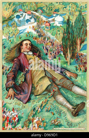 Lemuel Gulliver, an Land nach einer Meuterei, kommt wieder zu Bewusstsein und findet sich ein Gefangener der Liliputaner. Chromolithograph von Edition von Jonathan Swift "Gulliver's Travels" (Fährt in mehreren entfernten Nationen der Welt, die in vier Teilen von Lemuel Gulliver...') New York 1911. (Erste Veröffentlichung 1726). Stockfoto