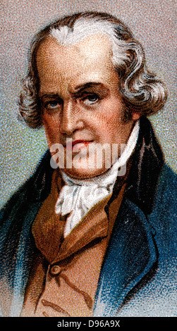 James Watt (1736-1819), schottischer Ingenieur und Erfinder. Kondensierende Dampfmaschine. Farblitho Stockfoto