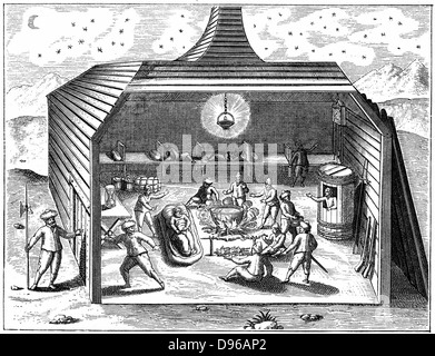 Willem Barents (d 1597) Niederländische navigator, led-Expeditionen auf der Suche nach der Nordostpassage. Innenraum der Winter Quarters Barents 'aus Nowaja Semlja; dieser Quartale wurden 1871 entdeckt, so wie sie durch die todgeweihten Expedition gelassen worden war. Von einem engravin Stockfoto