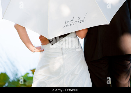 Frisch vermählte Paar in eine äußere Kulisse für ihre Hochzeitsfotos schießen Stockfoto
