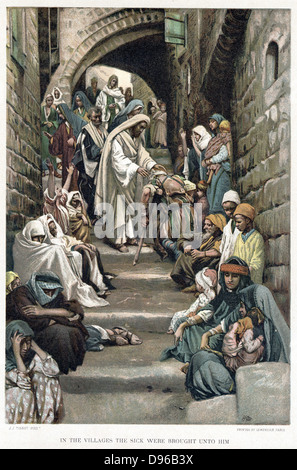 Christus, die Heilung der Kranken in den Dörfern zu ihm gebracht. Bibel: Markus 6. Von JJ Tissot c1890 "Das Leben unseres Erlösers Jesus Christus". Oleographie Stockfoto