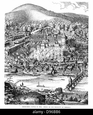 Das Heidelberger Schloss und Stadt gesehen über den Fluss Necker. Nach 1620 Holzschnitt. Startseite des pfälzischen Kurfürsten Friedrich V. und König von Böhmen (1619-20) und Elizabeth, die Tochter von James I und VI. von England und Schottland aus ihrer Ehe im Jahr 1613 bis zur Niederlage der protestantischen böhmischen Truppen in der Schlacht am Weißen Berg in der Nähe von Prag. Winter, der König und die Königin. Gärten angelegt, die von Salomon de Caus. Gravur. Stockfoto