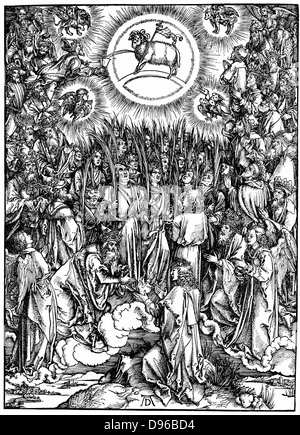 Die Offenbarung des S. Johannes (Apokalypse) die Anbetung des Lammes und die Hymne der gewählten Holzschnitt von Albrecht Dürer c1498. Stockfoto