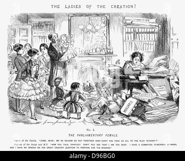 Die parlamentarische Weiblich. Die schrecklichen Folgen der Emanzipation der Frauen! John Leech Karikatur aus "Punch" London 1850. Hausmann, die Familie zu seinem beschäftigten Frau hier zu bitten, sie alle ins Theater zu nehmen. Gravur Stockfoto