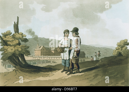 Die Fabrik Kinder' von George Walker' das Kostüm von Yorkshire", Leeds, 1814. Junge und Mädchen Mitarbeiter Spaziergang ist Tag Essen in Körben zu arbeiten. Im Hintergrund typische West Riding Mill für Wolle oder Baumwolle in Feld, Tuch, die Zappeln zu trocknen. Aquatinta Stockfoto