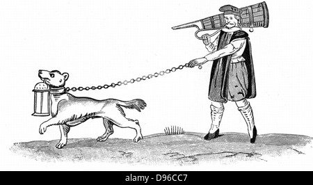 Der Constable der Uhr mit seinem Hund. In Shakespeares "Viel Lärm um Nichts" Akt 3 Sc3 Dogberry ist so ein Offizier. Anfang des 17. Jahrhunderts Abbildung. Stockfoto