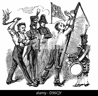Militärische Disziplin: Britischer Soldat, dem Dreieck gebunden, ausgepeitscht, mit Cat-O-Nine-Tails. 1867 Das Parlament abgeschafft die Prügelstrafe in den Streitkräften. Holzstich aus dem 19. Jahrhundert. Stockfoto