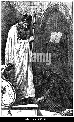 John Everett Millais (1829-1896), englischer Künstler und Gründungsmitglied von pre-raphaelite Brotherhood. Illustration für das Gedicht "Der Bischof und der Ritter", im "Cornhill Magazine", London, 1862 veröffentlicht. Der Ritter Pönitenten, bevor der Bischof, der auf die im Hören auf seine Sünde, sich weigert, ihm shrive. Gravur. Stockfoto