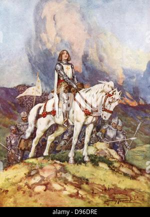 Jeanne d'Arc (c 1412-31) St Joan, die hl. Jeanne d'Arc, die Jungfrau von Orleans. Französischer Patriot und Märtyrer. Joan an der Spitze der französischen Armee. Abbildung aus dem frühen 20. Jahrhundert. Stockfoto