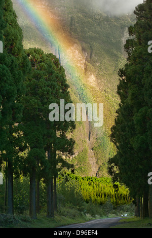 Regenbogen am Wald bei BHS Sec in den Cirque de Cilaos Caldera auf der französischen Insel La Réunion im Indischen Ozean. Stockfoto