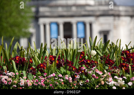 Dorf Port Sunlight, England. Anfang Sommer Blick auf den Blumenrabatten in voller Blüte innerhalb des Port Sunlight diamond Garten. Stockfoto