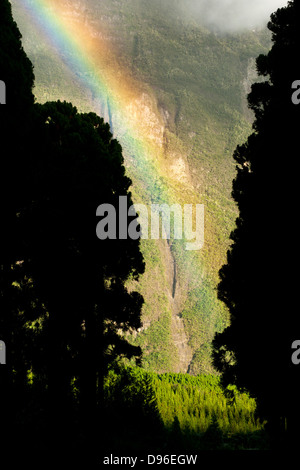 Regenbogen am Wald bei BHS Sec in den Cirque de Cilaos Caldera auf der französischen Insel La Réunion im Indischen Ozean. Stockfoto