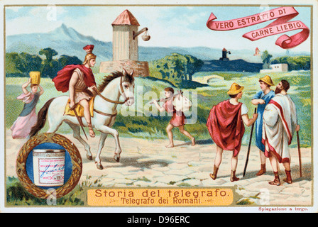 Aerial Telegraph. Römische Signalsäulen. Ein Korb mit Feuer war ein Arm in der Nähe der Spitze des Turmes aufgehängt und verwendet, um eine Nachricht zu signalisieren, die entlang einer Kette von ähnlichen Türme verabschiedet wurde. Liebig Handel Karte c.1900. Farblitho Stockfoto