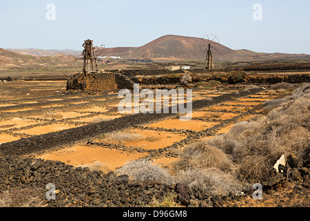 Getrocknet, Salinen und stillgelegten gebrochen Windmühle Pumpen, Salinas de Los Agujeros, Los Cocoteros, Lanzarote, Kanarische Inseln, Spanien Stockfoto