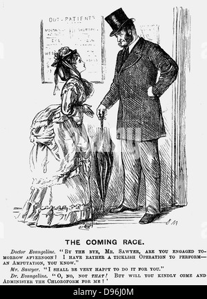 Die kommenden Rennen. Der Chirurg der Zukunft. George Du Maurier Karikatur aus 'Lochen' London, den 14. September 1872 zeigt die herablassende Haltung Frauen in medizinischen Berufen könnte von männlichen Kollegen erwarten. Gravur. Stockfoto