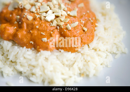 Hausgemachte Garnelen Makhani mit Reis und gehackte Cashew-Nüssen. Stockfoto