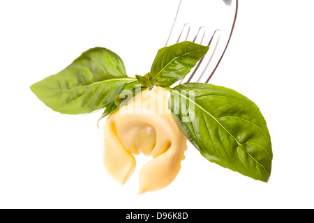 Tortellino und Basilikum auf weiß Stockfoto