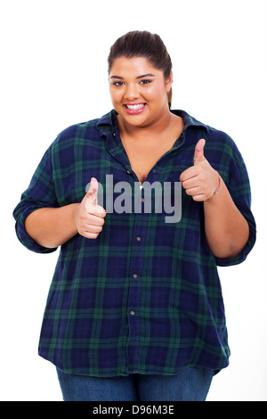 stets gut gelaunte Frau Daumen aufgeben Stockfoto