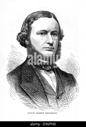 Gustav Robert Kirchhoff (1824-1887), deutscher Physiker. Zusammen mit Robert Wilhelm Bunsen (1811-1899) Er leistete Pionierarbeit Spektrum Analyse und formuliert zwei Gesetze, die die elektrische Netze. Von "der Wissenschaft". (New York, 1873). Gravur. Stockfoto