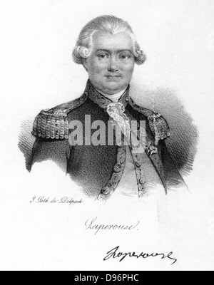 Jean François de Galaup, Comte de La Perouse (1741-1788), französischer Seefahrer und Entdecker verbrachte 4 Jahre (1785-1788) die Erkundung der Inseln im Pazifischen Ozean, China und Japan, Hawaii, Australien und der Westküste von Nordamerika. Gravur c 1830. Stockfoto