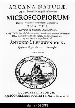 Anton van Leeuwenhoek (1632-1723), niederländischer Pionier microscopist. Titel von "icroscopium" von Anton van Leeuwenhoek, dritte Ausgabe, (Leiden, 1708). Leeuwenhoek war einer der ersten Zellen Tiere zu erkennen und die erste genaue Beschreibung von Mikroben und spermatzoma und Blutkörperchen zu geben. Stockfoto