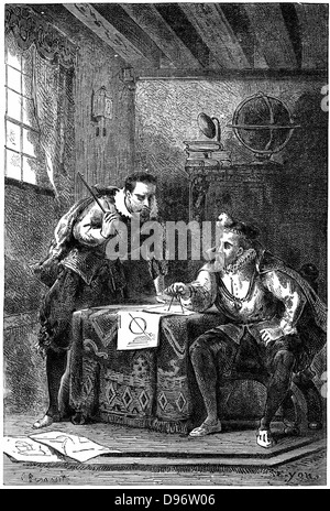Deutschen Astronomen Johannes Kepler (1571-1630), links, mit dänischen Astronomen Tycho Brahe (1564-1601) bei der Arbeit im Benatky Observatorium in der Nähe von Prag während in den Diensten des Kaisers Rudolf II. Stockfoto