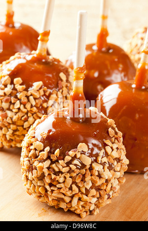 Hausgemachte Taffy Apple mit Erdnüssen gegen einen Hintergrund Stockfoto