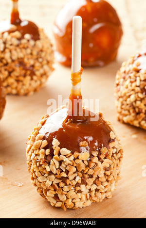 Hausgemachte Taffy Apple mit Erdnüssen gegen einen Hintergrund Stockfoto