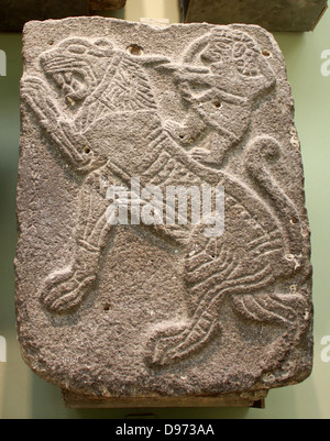 Reliefs aus sagen Halaf. Die Keilschrift Inschrift gesehen auf den Reliefs Records "Palast des Kapara, Sohn des Hadianu". Stockfoto