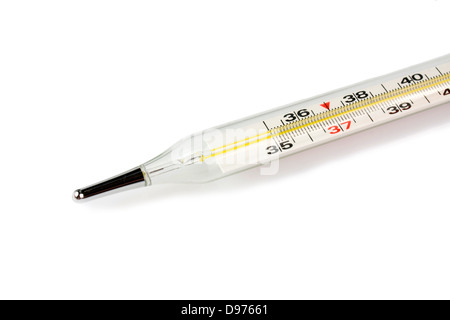 Glas-Quecksilber-Thermometer isoliert auf weißem Hintergrund. Stockfoto
