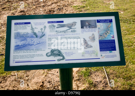 Infotafel über Naturgeschichte der Sandlings Heide in Sutton Heath, Suffolk, England Stockfoto