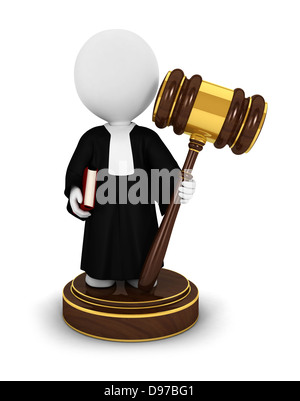 3D weiße Leute beurteilen mit einem Hammer, ein Buch und trägt ein Kleid, isolierte weißer Hintergrund, 3d Bild Stockfoto