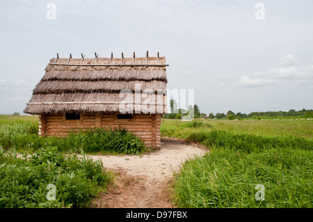 Slawisch-Hütte mit Strohdach in Grodzisko Zmijowiska Stockfoto