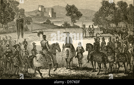 1900 Gravur, Wilhelm der Eroberer (Holding Bogen) erhält Tostig. Stockfoto