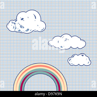 Cartoon-Wolken und Regenbogen in Retro-strukturierte Himmel Stockfoto