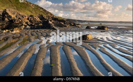 Muster in den Sand bei Ebbe am Tregardock Strand, Cornwall, England. (Juli) im Sommer 2012. Stockfoto